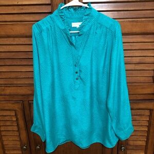 Women's Britt Ryan Turquoise Long Sleeved Ruffled Neck Blouse